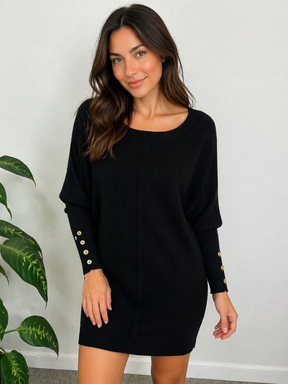 Lilly Pulitzer Black Merino Wool Sweater Dress Gold Button Sleeve Classic Chic